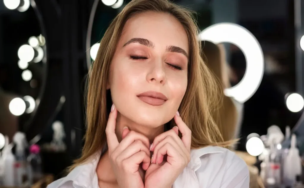Donna con pelle luminosa durante una semplice routine skincare